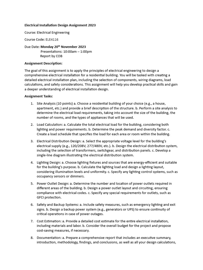 Electrical Installation Design Assignment 2023 | PDF | Electrical ...