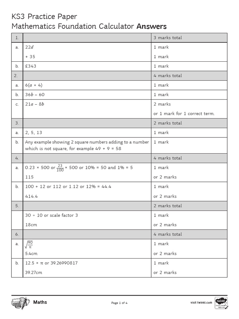 Foundation Calculator Mark Scheme PDF Mathematics