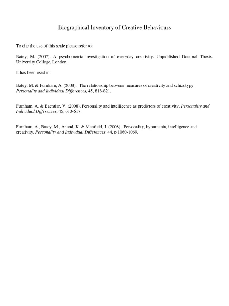 Biographical Inventory of Creativity | PDF | Creativity | Cognition