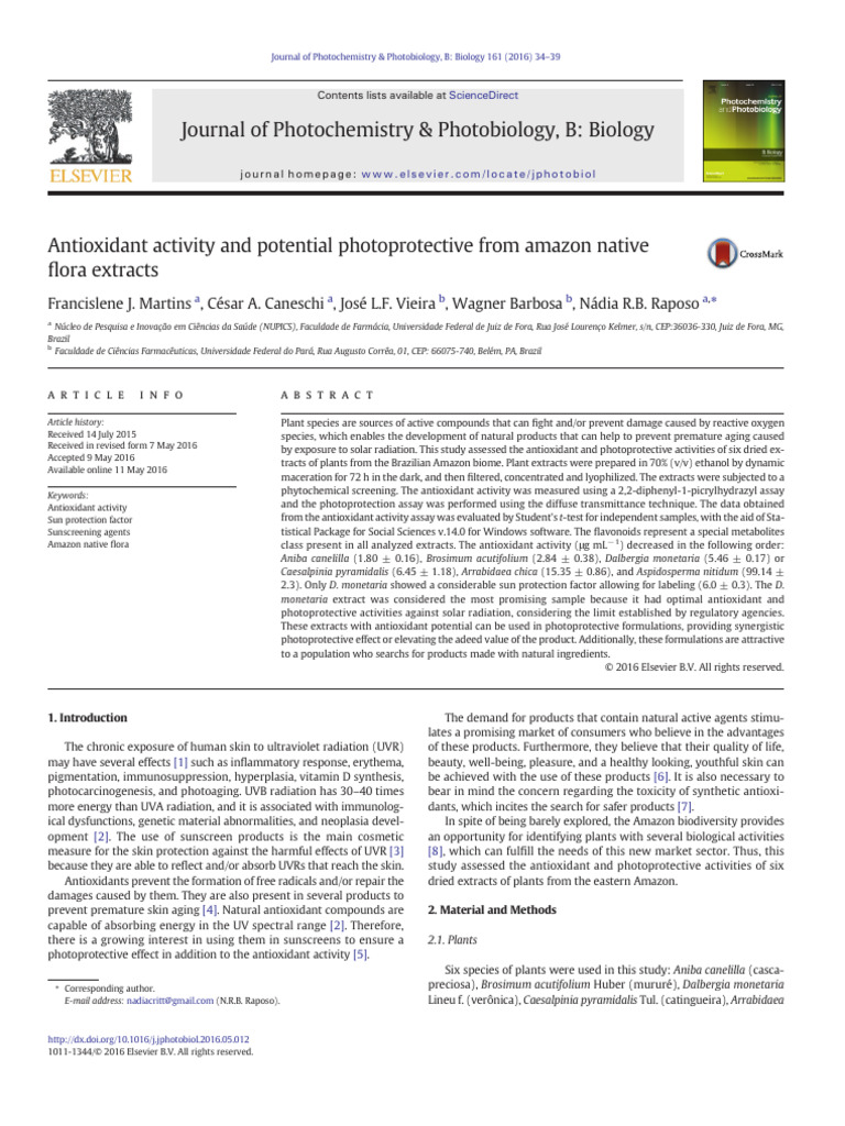 Antioxidant Activity and Potential Photoprotective From Amazon Native ...