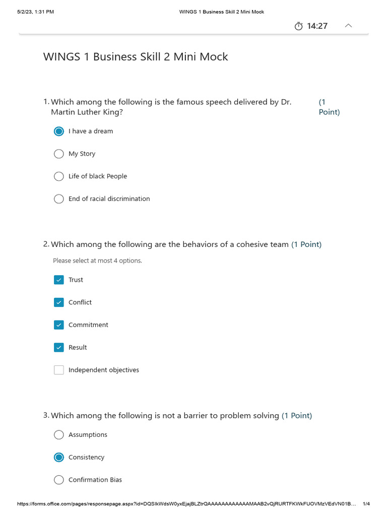 WINGS 1 Business Skill 2 Mini Mock PDF Psychological Concepts