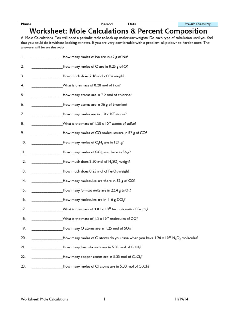 Mole Calculations and Percent Composition | PDF | Mole (Unit) | Molecules