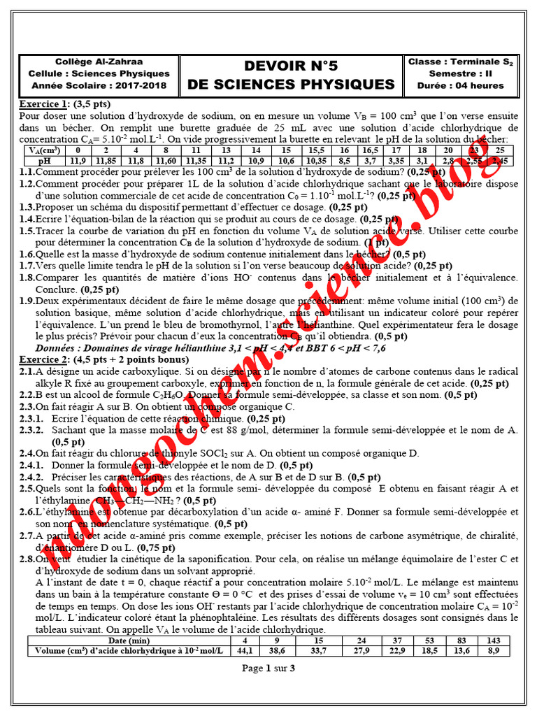 Devoir 4 20172018 T | PDF | Physique appliquée et interdisciplinaire ...