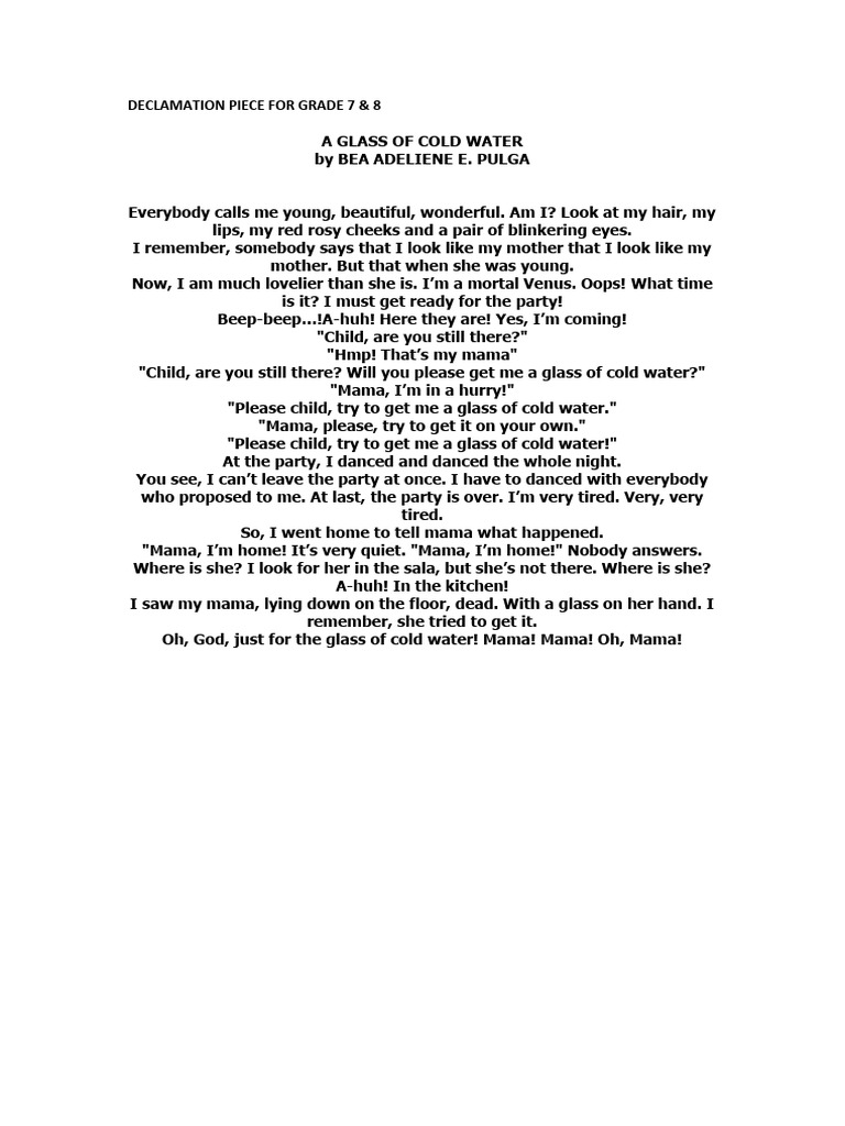 A Glass of Cold Water: A Declamation Piece | PDF
