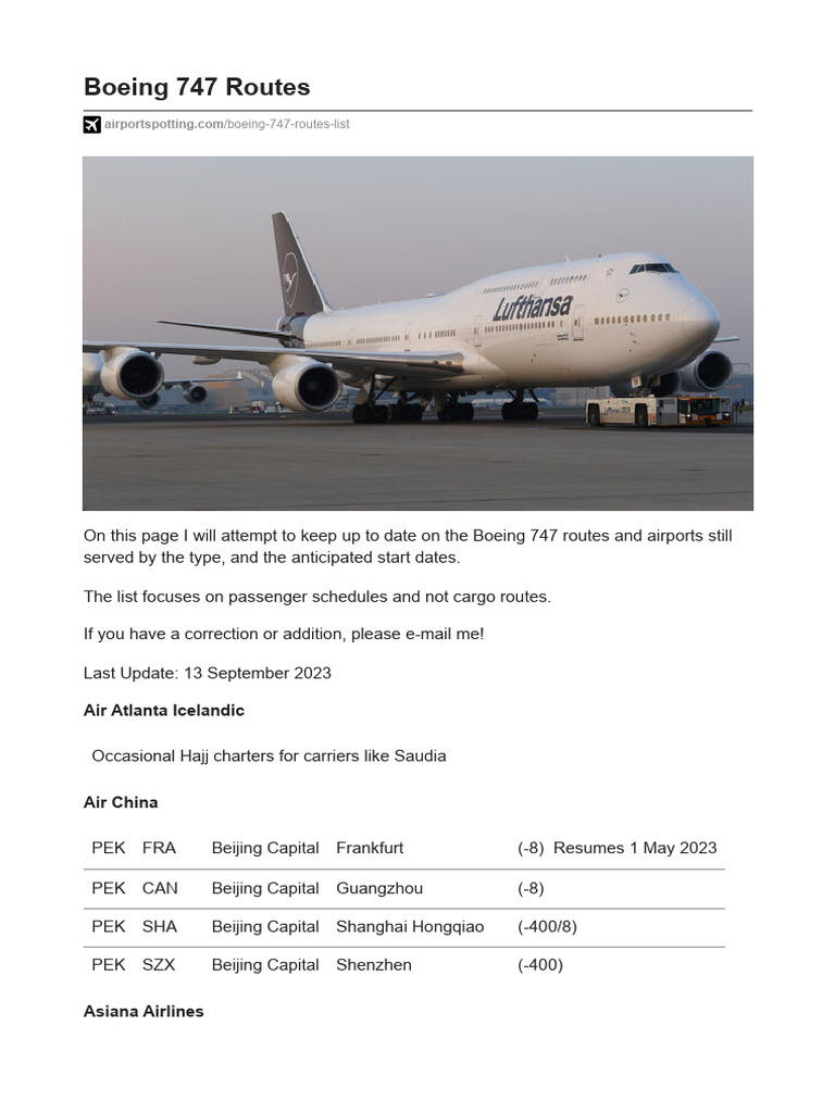Boeing 747 Passenger Routes Overview | PDF | Aeronautics | Transport ...