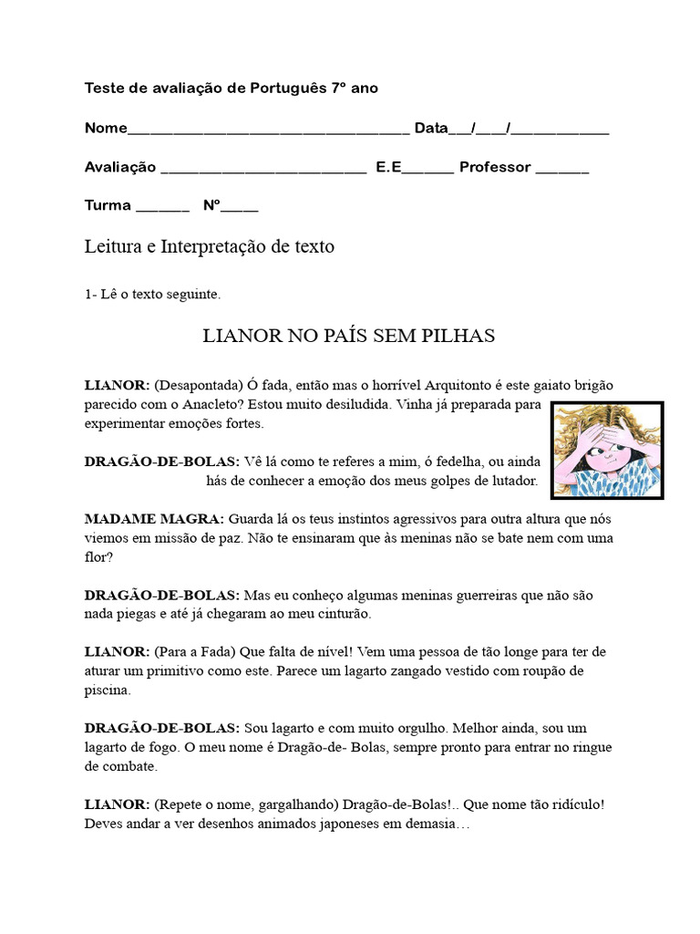 Teste de Avaliação de Português 7º Ano 2 | PDF | Artes Linguísticas e ...