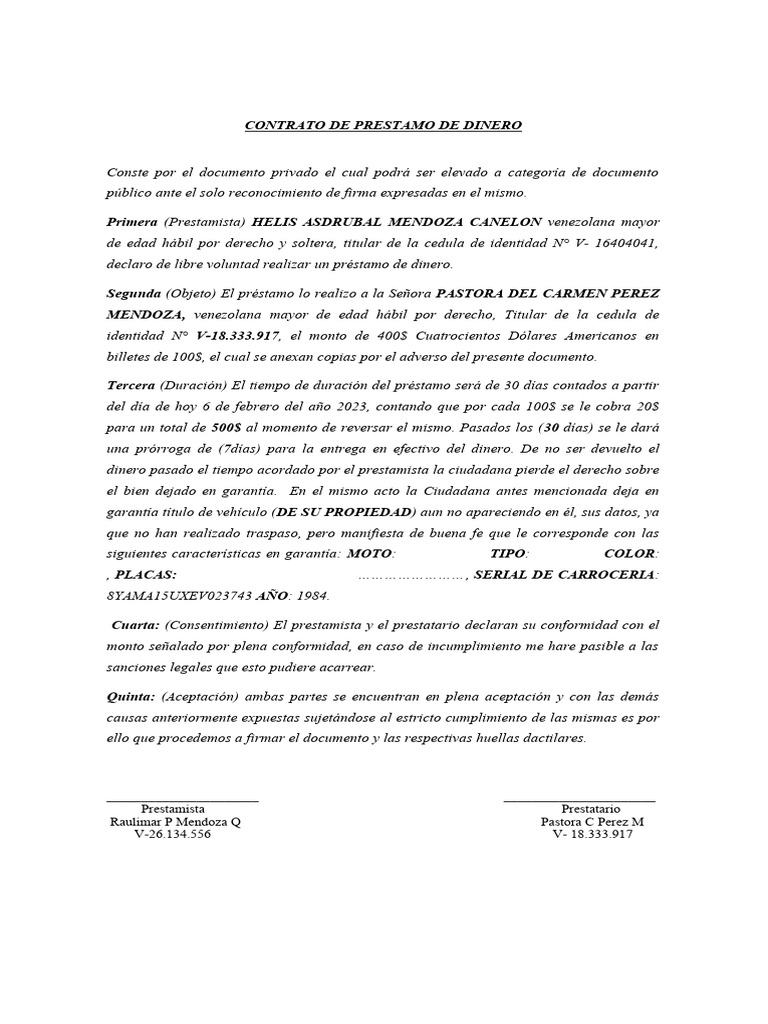 Contrato de Prestamo de Dinero | PDF | Dinero | Venezuela