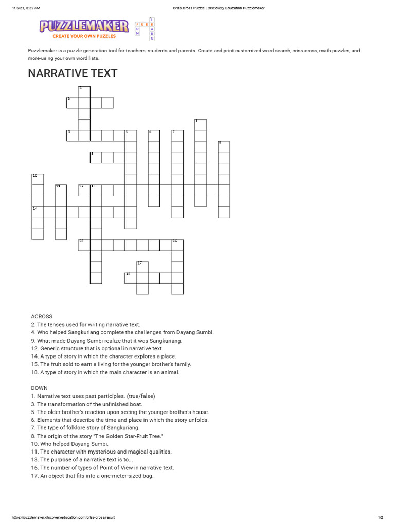 Criss Cross Puzzle Discovery Education Puzzlemaker PDF