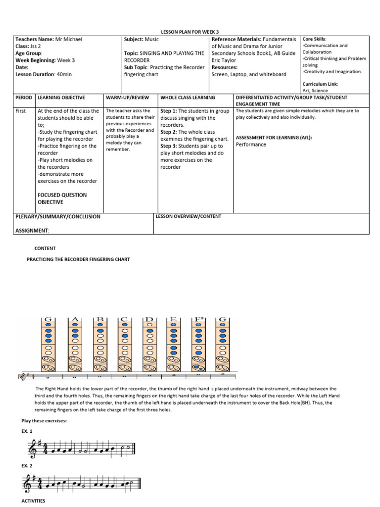 Jss2 Lesson Plan Wk3 PDF Recorder (Musical Instrument) Lesson Plan
