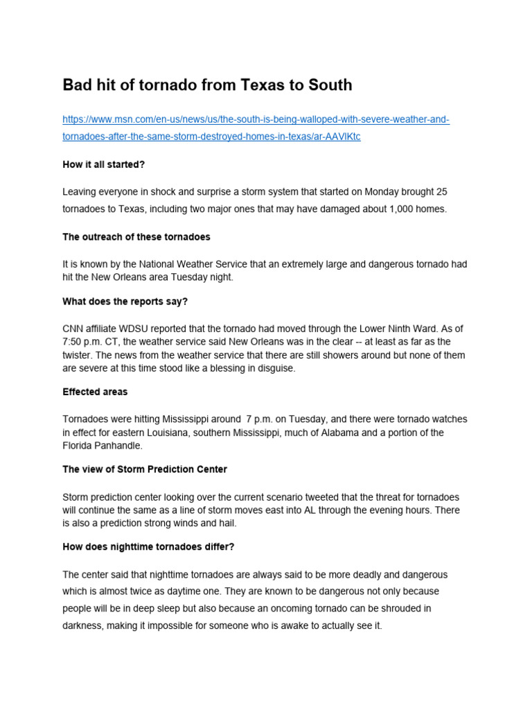 Bad Hit of Tornado From Texas To South PDF Tornadoes Storms
