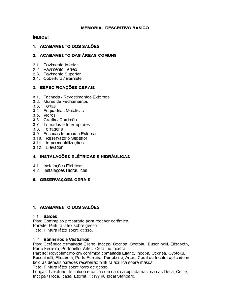 Memorial Descritivo de Acabamentos e Instalações | PDF | Argamassa ...
