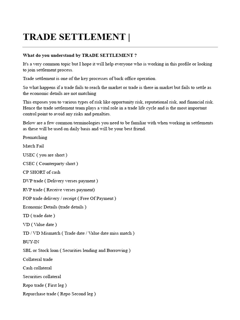Trade Settlement | PDF | Repurchase Agreement | Business