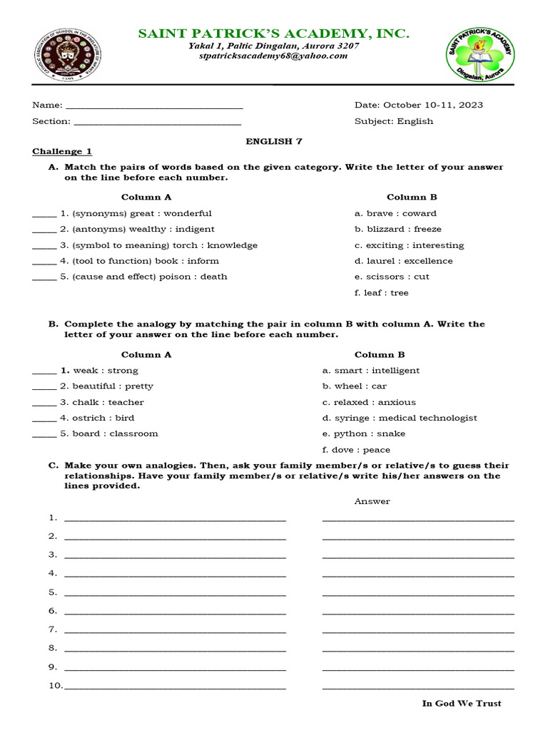 Activity for Grade 7 English | PDF