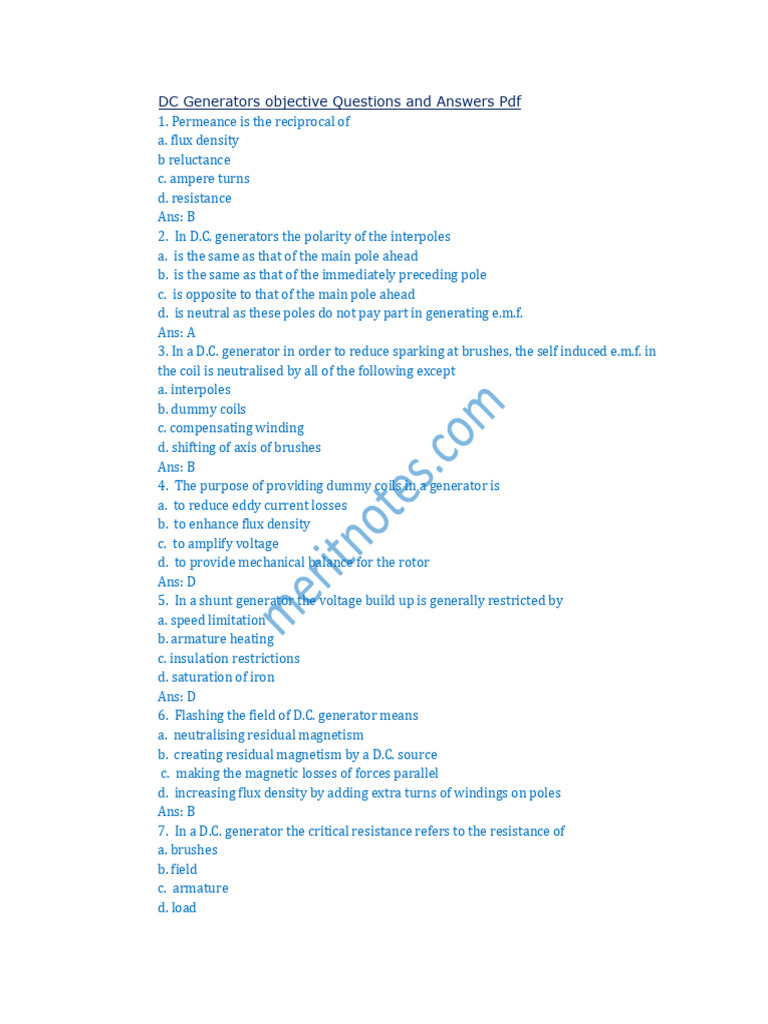 DC Generators Objective Questions Answers PDF