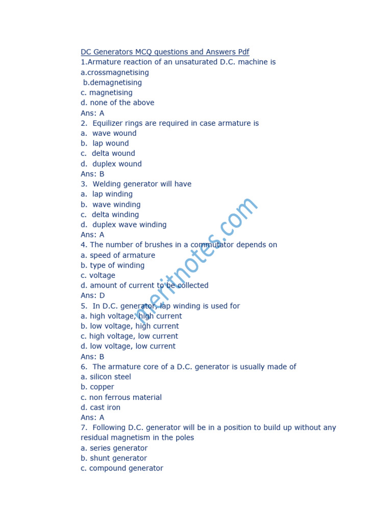 DC Generators MCQ Questions Answers | PDF