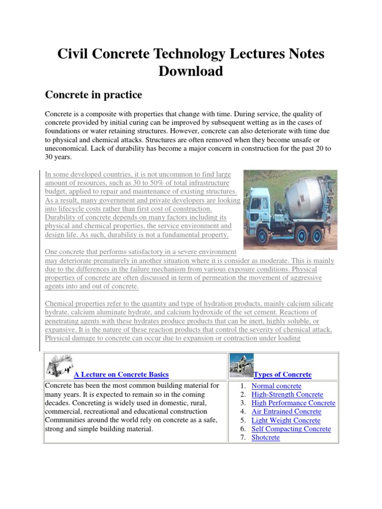 Civil Concrete Technology Lectures Notes Download | PDF | Strength Of ...