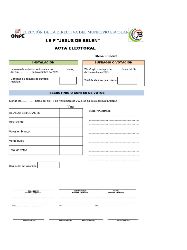 Acta Electoral I.E.P. Jesús de Belén 2023 | PDF | Votación ...