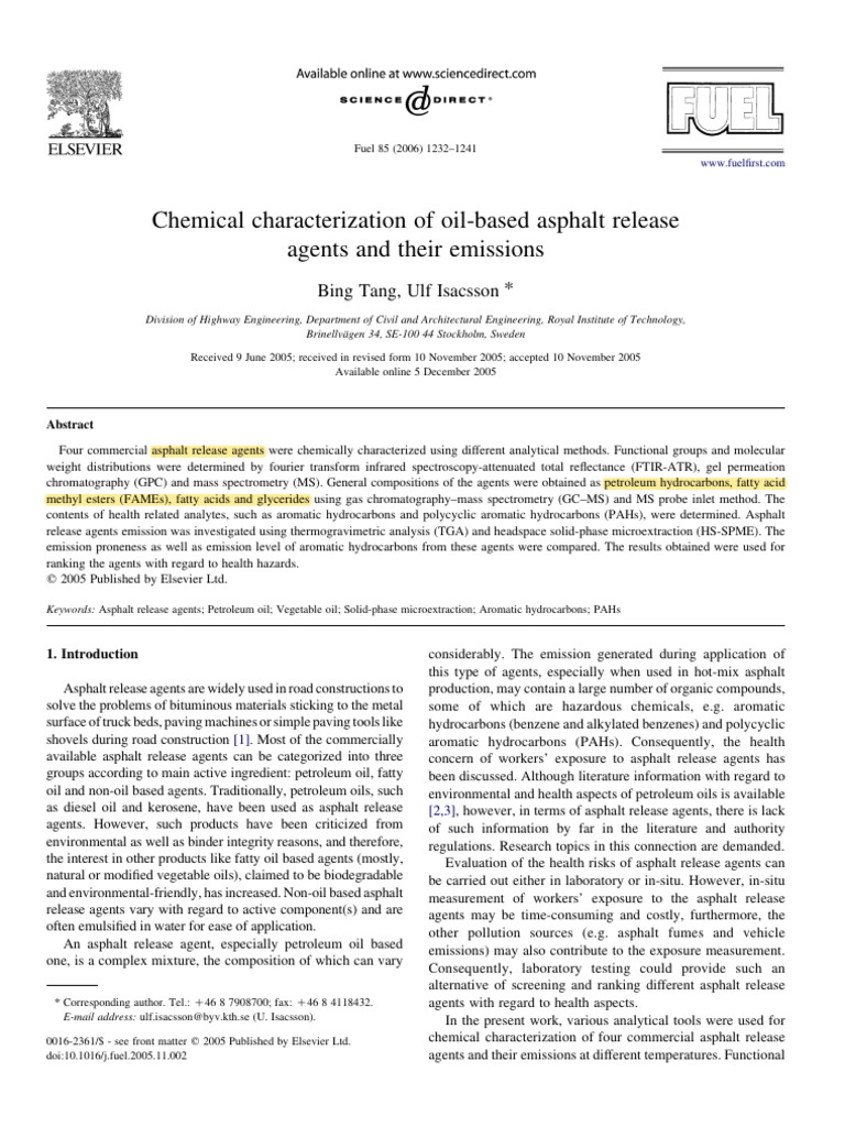 Chemical Characterization of Oil-based Asphalt Release Agents and Their ...