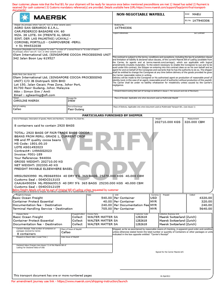 Para Gastos Locales Maersk PDF Cargo Bill Of Lading
