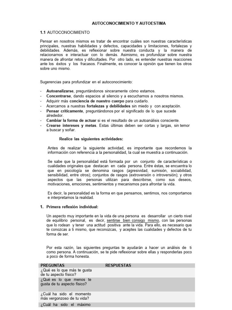 Autoconocimiento y autoestima personal | PDF | Pensamiento | Autoestima