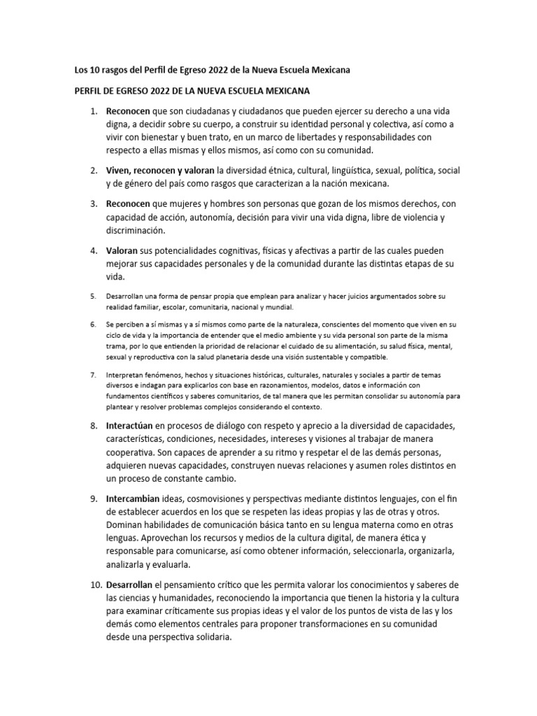 10 Rasgos del Perfil de Egreso NEM 2022 | PDF | Pensamiento | México