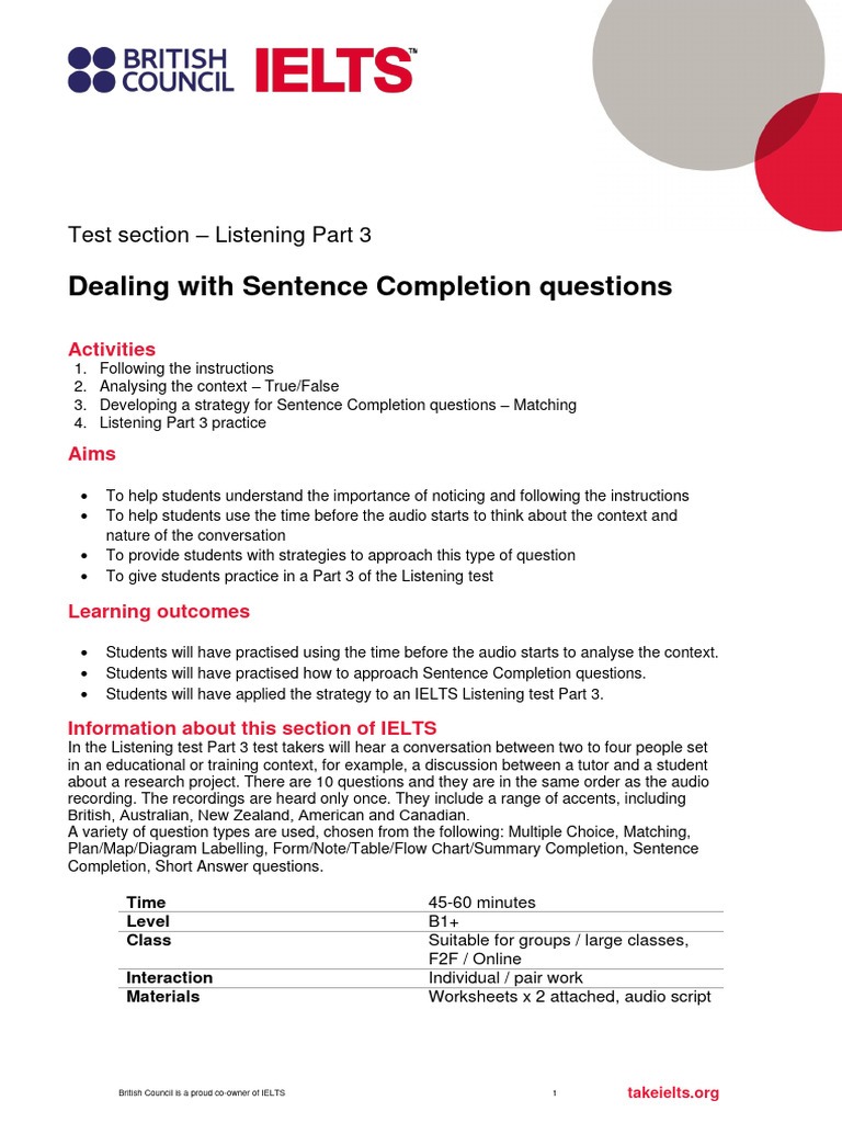Listening Part 3 Sentence Completion PDF International English 