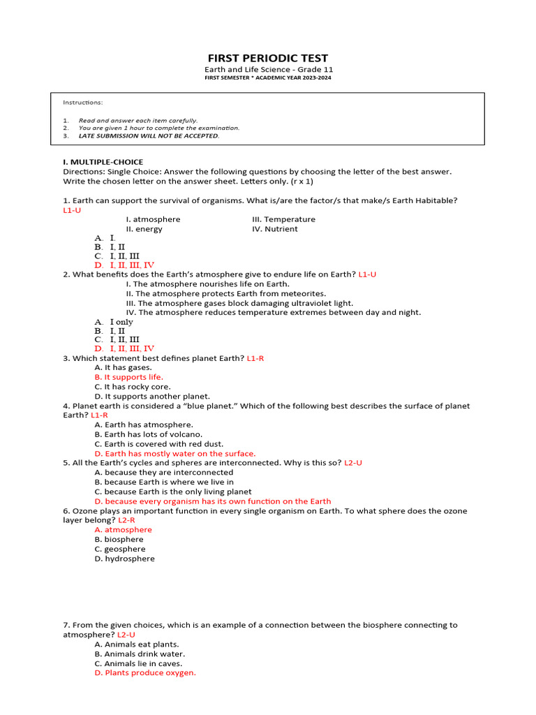 Earth and Life Science First Quarterly Exam 2023 2024 Answer Key | PDF ...