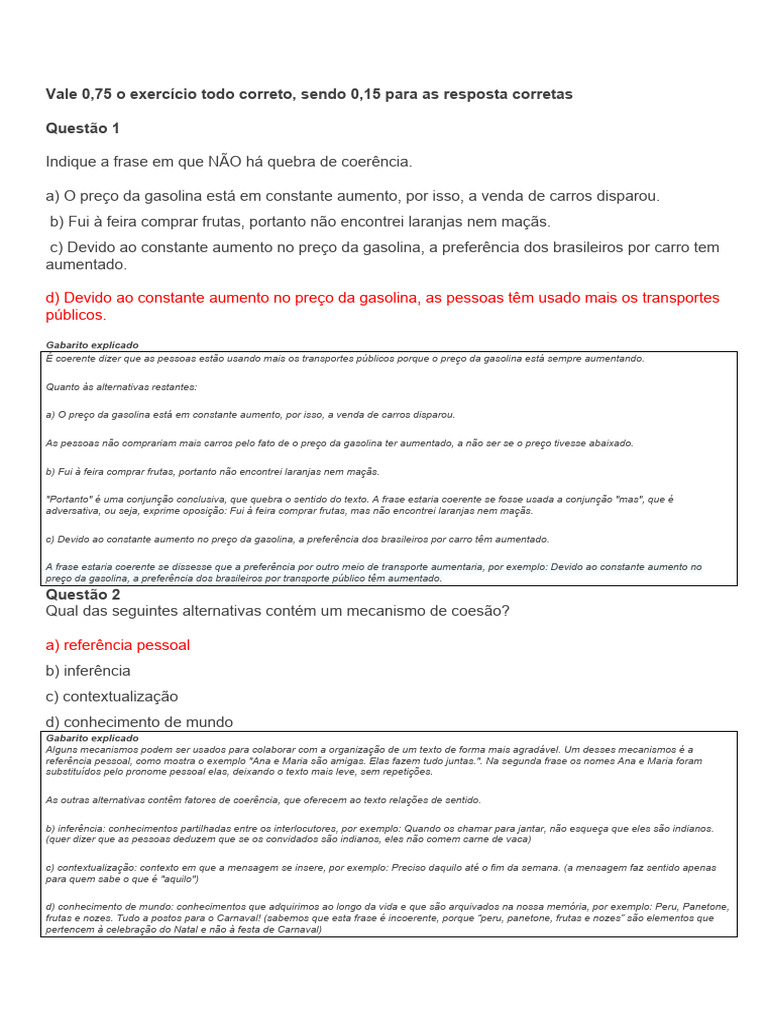 Coesão e Coerência Textual: Exercícios e Gabaritos | PDF