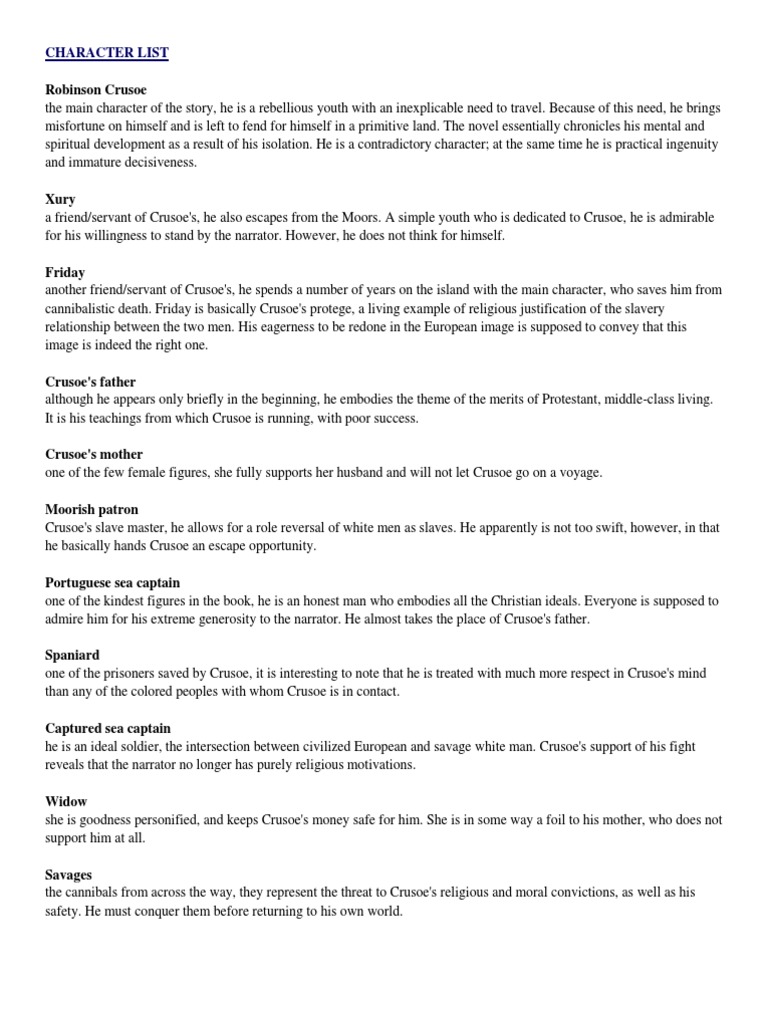 Character Analysis and Plot Summary of Daniel Defoe's Novel Robinson