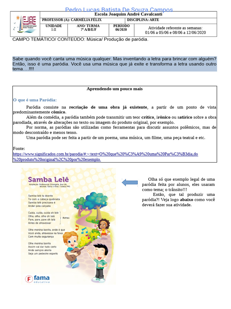 Atividade de Paródia: 7º Ano | PDF | Paródia