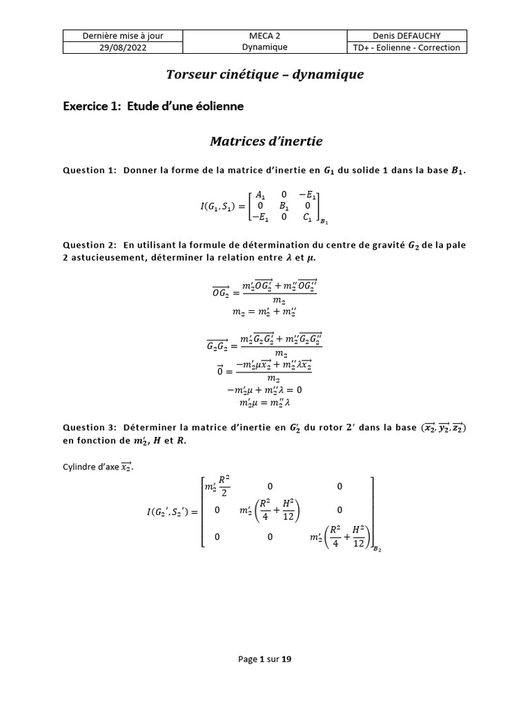 Correction TD Eolienne - Dynamique MECA 2 | PDF | Éolienne | Géométrie