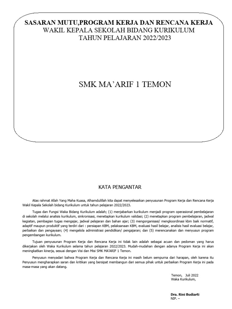 Rencana Kerja Kurikulum SMK 2022/2023 | PDF