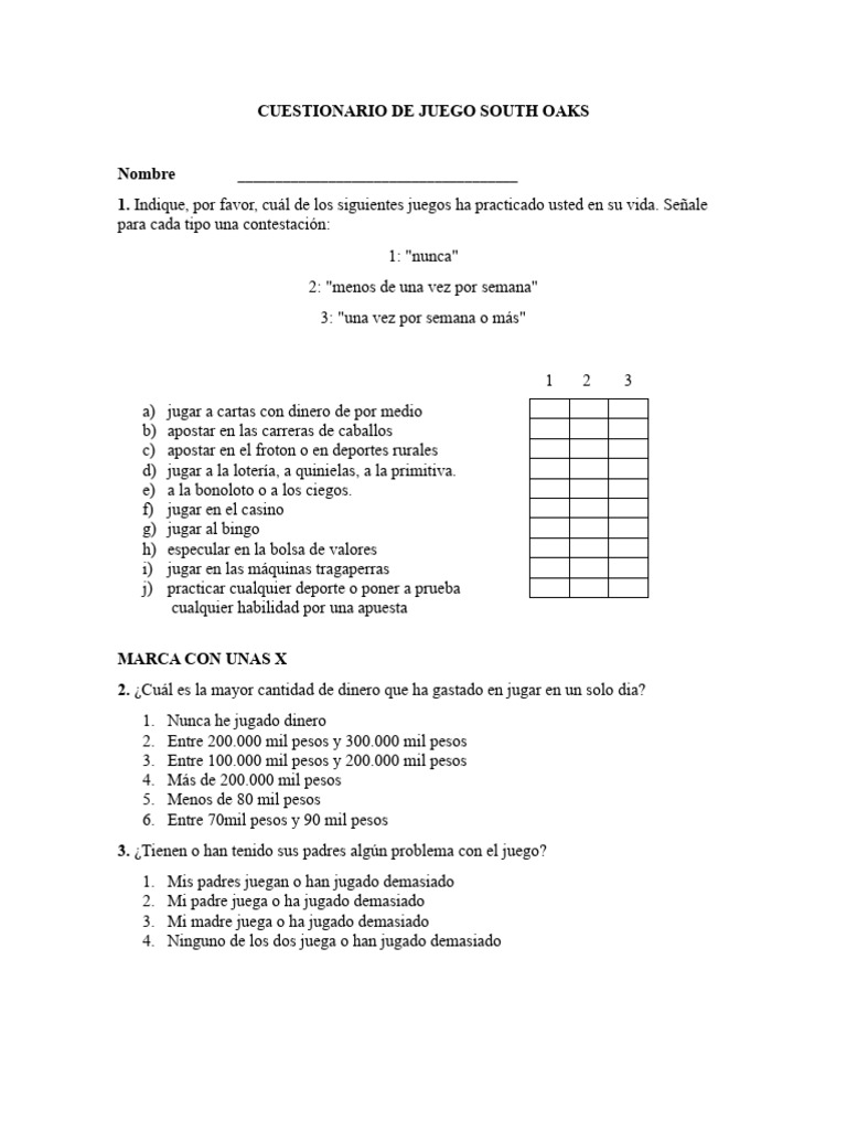 Cuestionario de Juego South Oaks | PDF | Bancos