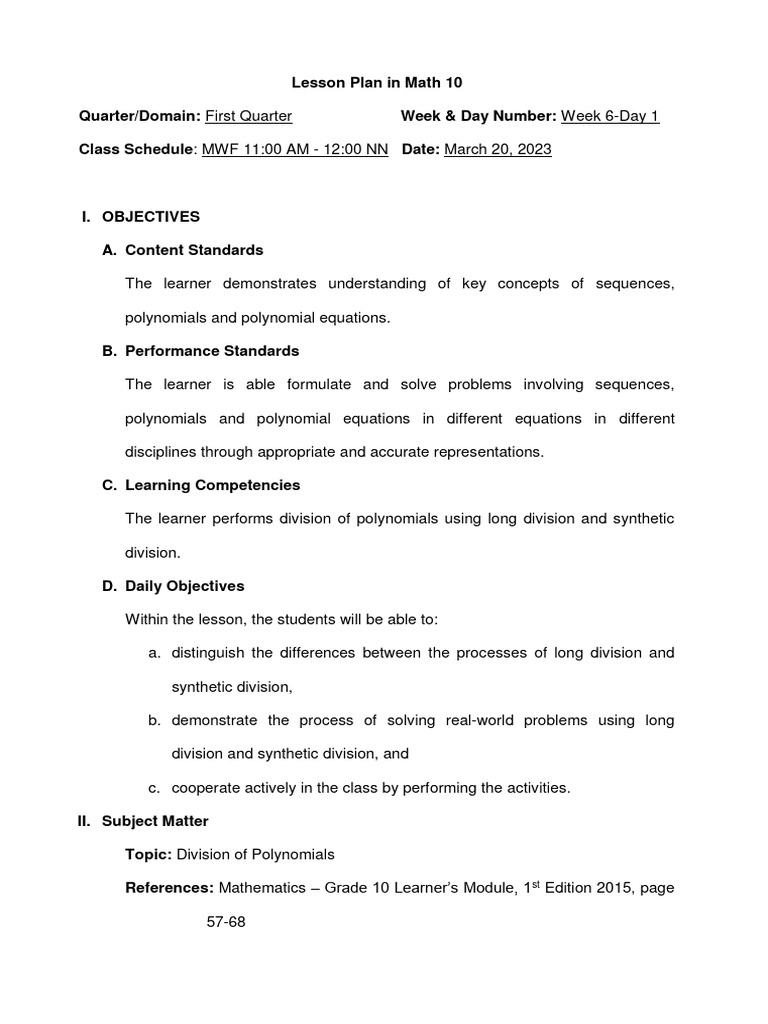 4a's Lesson Plan Division of Polynomials PDF Division