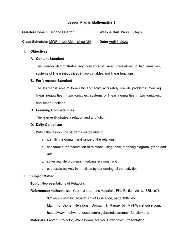 4a's Lesson Plan - Representations of Relations | PDF | Function ...