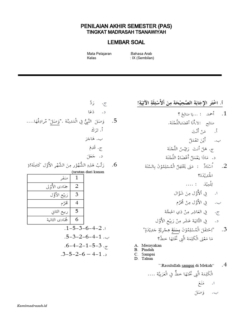 Soal Bahasa Arab Kelas 9 Semester 1 | PDF