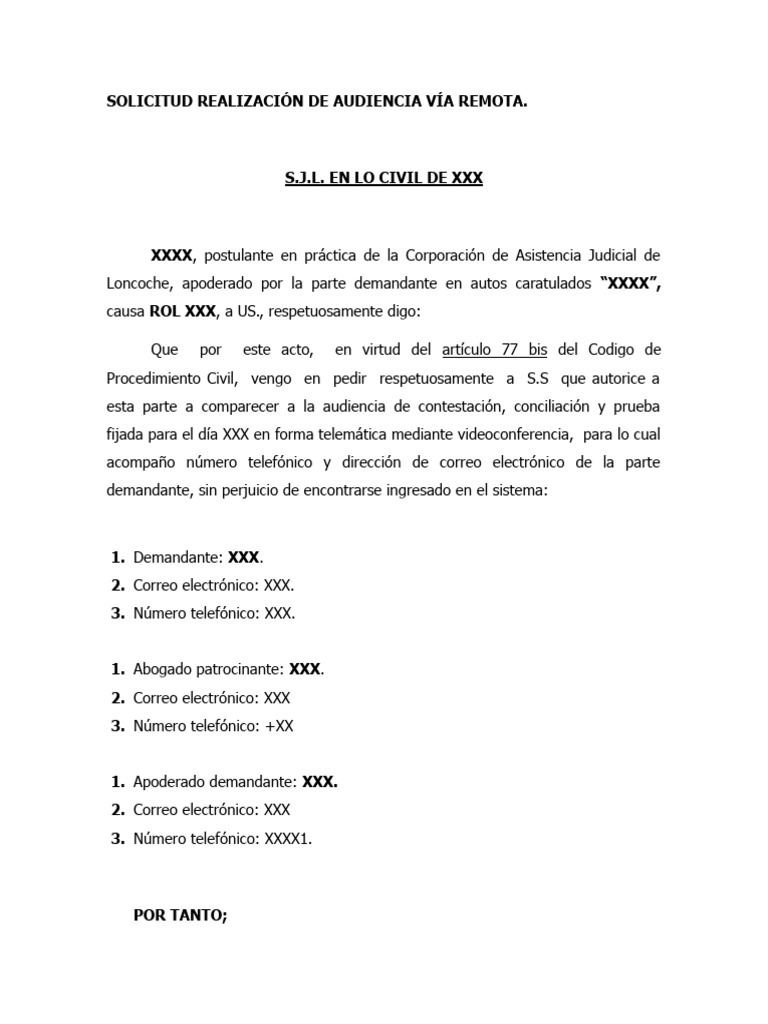 Solicitud Realización De Audiencia Vía Remota Pdf