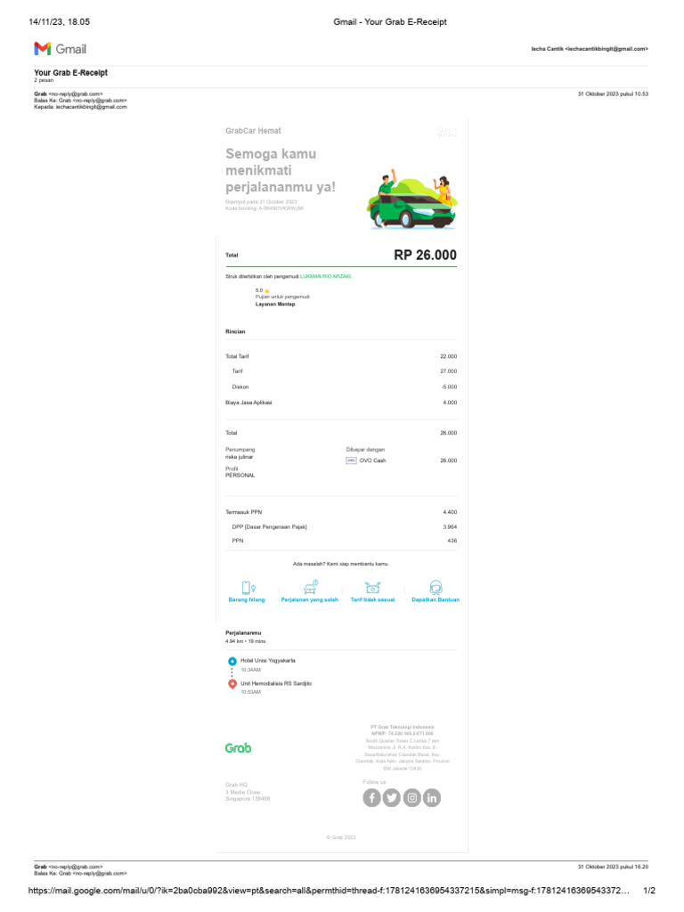 E-Receipt Grab: Rincian Perjalanan Anda | PDF
