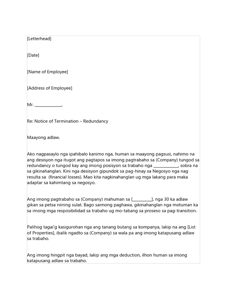 Sample Written Notice Redundancy Bisaya | PDF