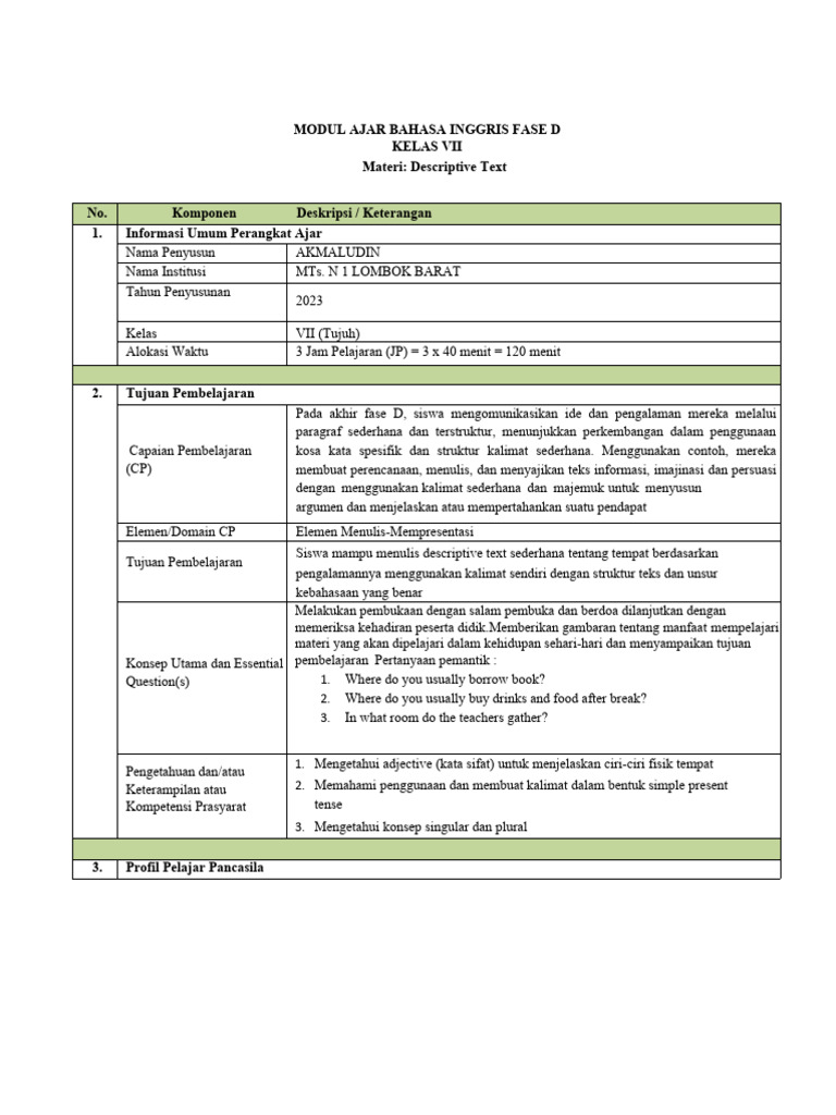 Modul Descriptive Text Kelas VII | PDF