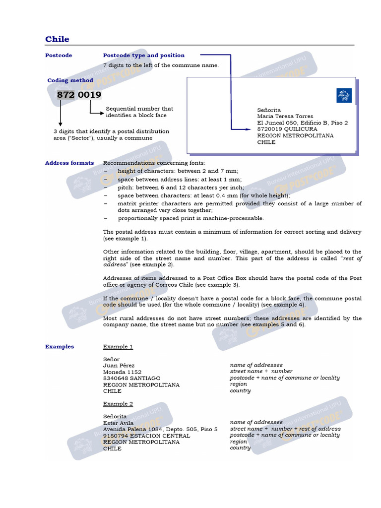 Chile Postcode Postcode Type and Position PDF Written