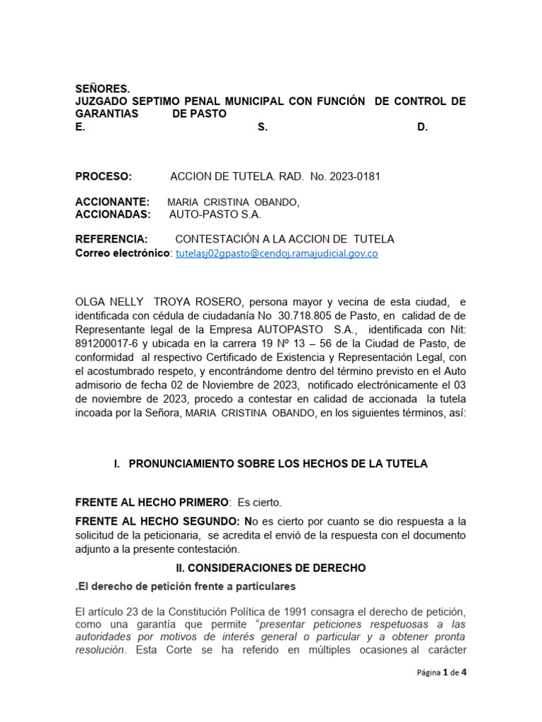Contestación A Tutela 2023-0181 | PDF | Petición | Caso de ley