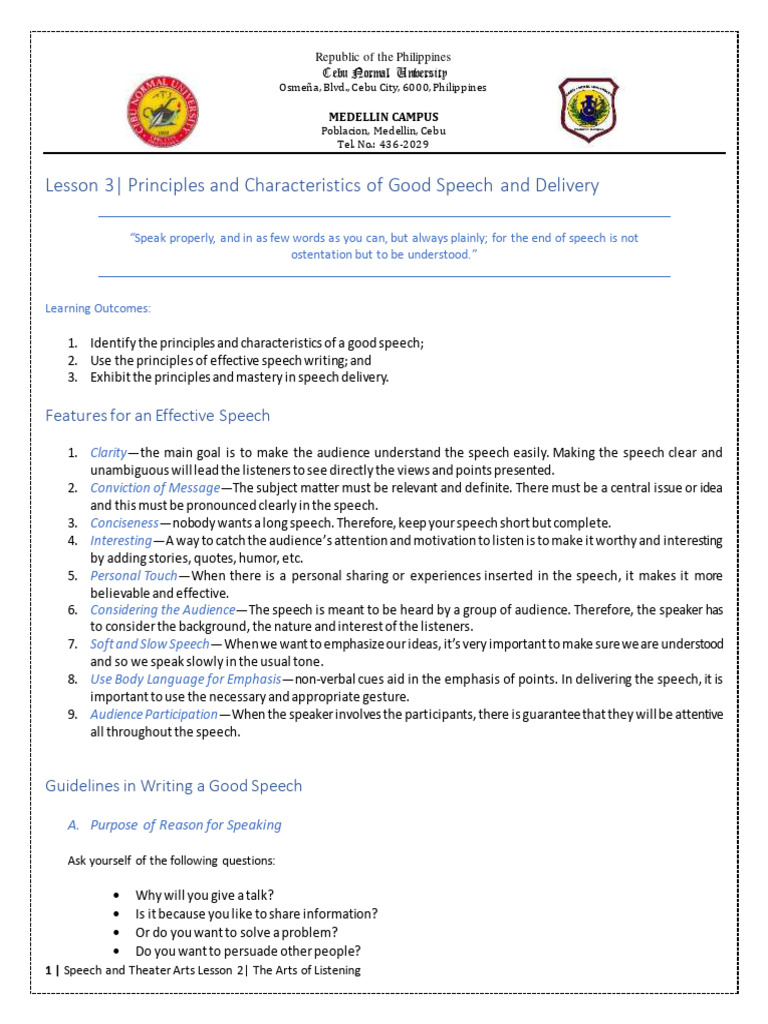 STA Chapter 1 Lesson 3 Principles and Characteristics of Good Speech