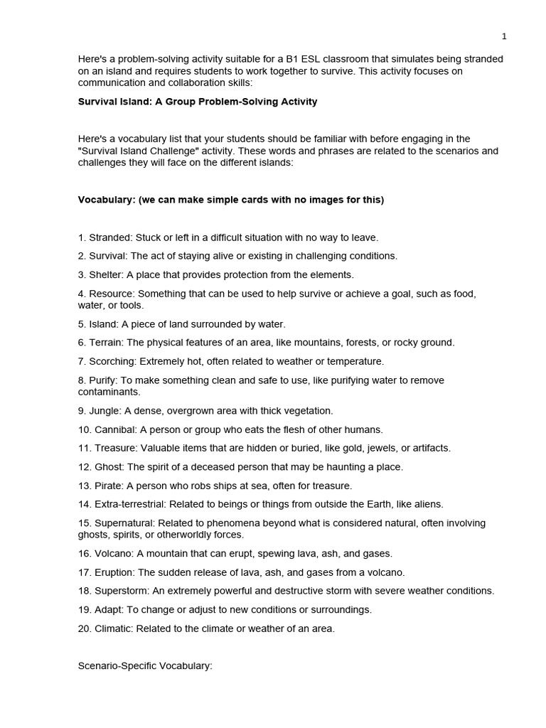 Survival Island: ESL Problem-Solving Activity | PDF | Dice | Volcano