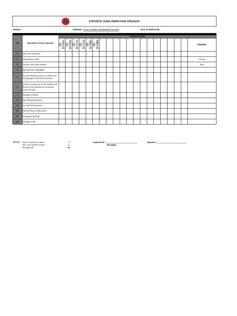 Synthetic Sling Inspection Checklist Download Free PDF Mechanical
