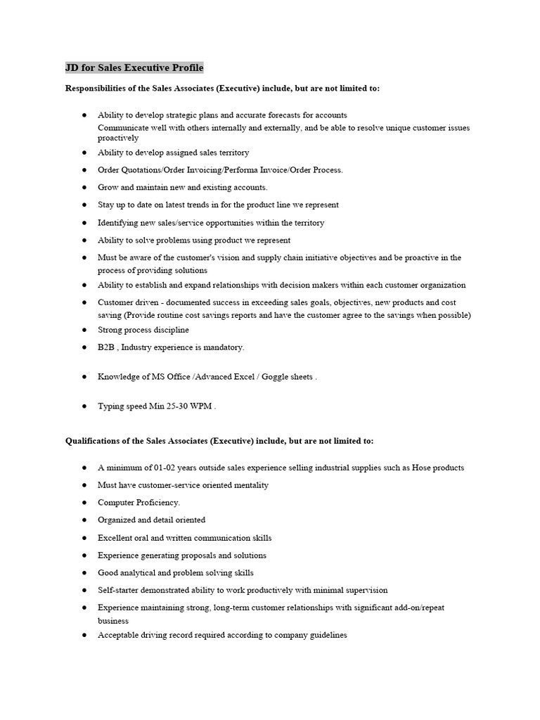 Sales Executive Job Description | PDF