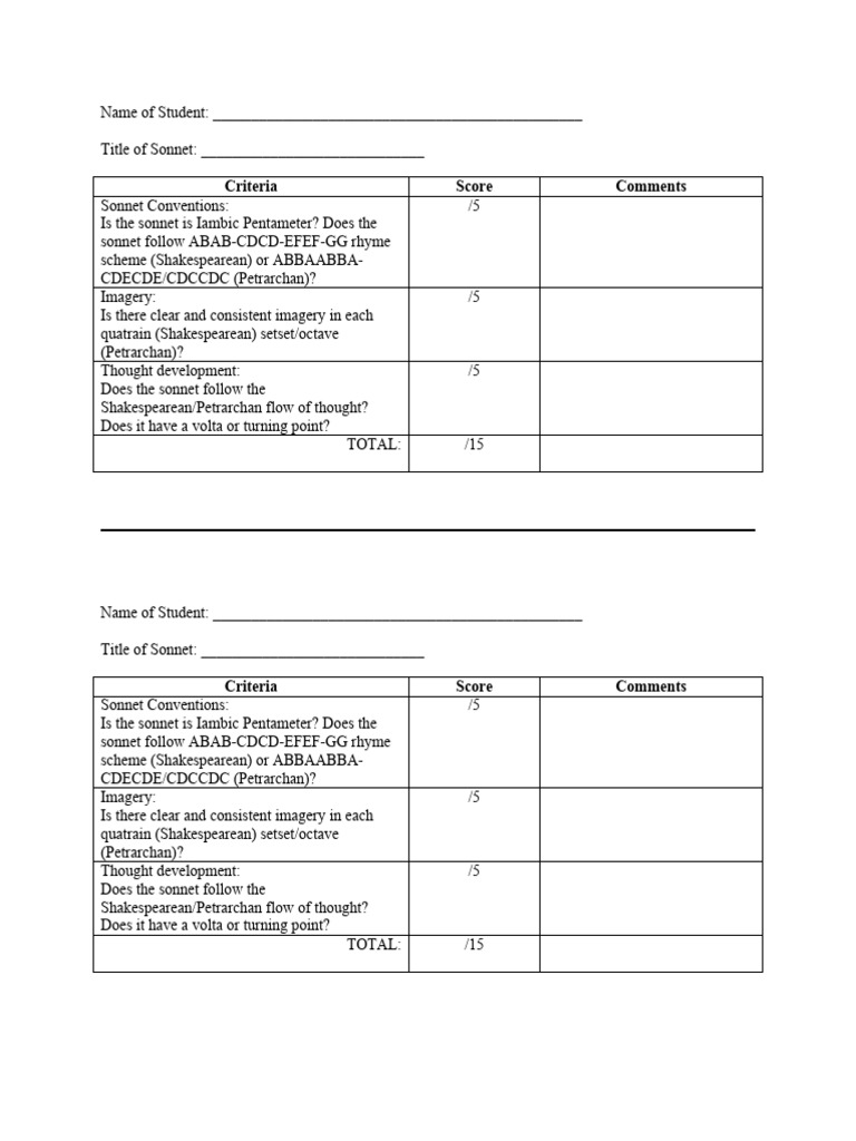 Sonnet Evaluation Rubric Template | PDF