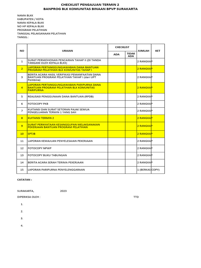 Checklist Pengajuan Termin 2 BLK Surakarta | PDF | Pengelolaan Keuangan ...
