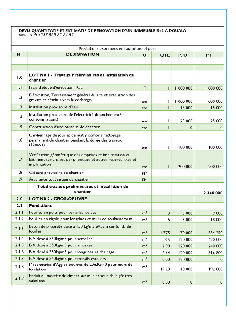 Devis de rénovation d'immeuble à Douala | PDF | Tuyau | Bâtiment ...