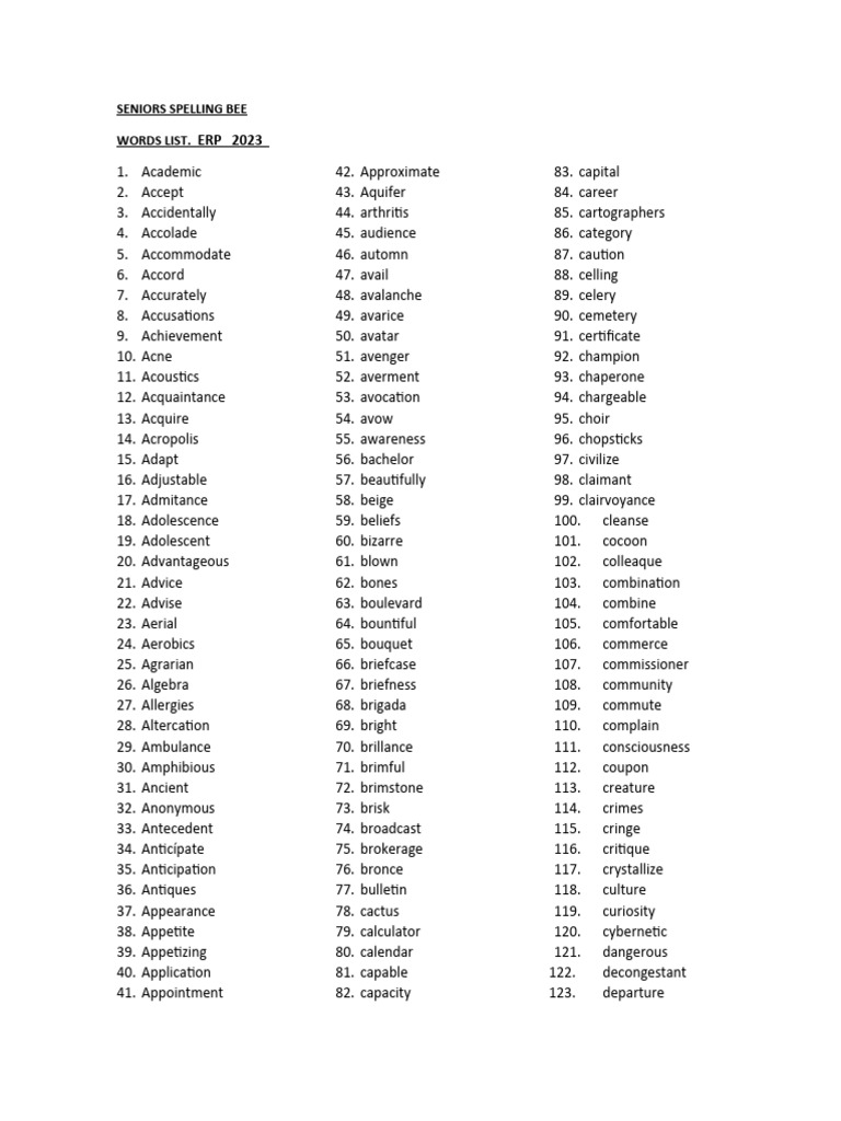 Senior Spelling Bee Word List 2023 | PDF | Social Science